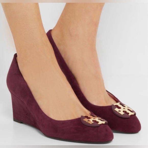 Tory Burch Burgundy Suede Luna Wedge Pumps sz 7 - Picture 2 of 10